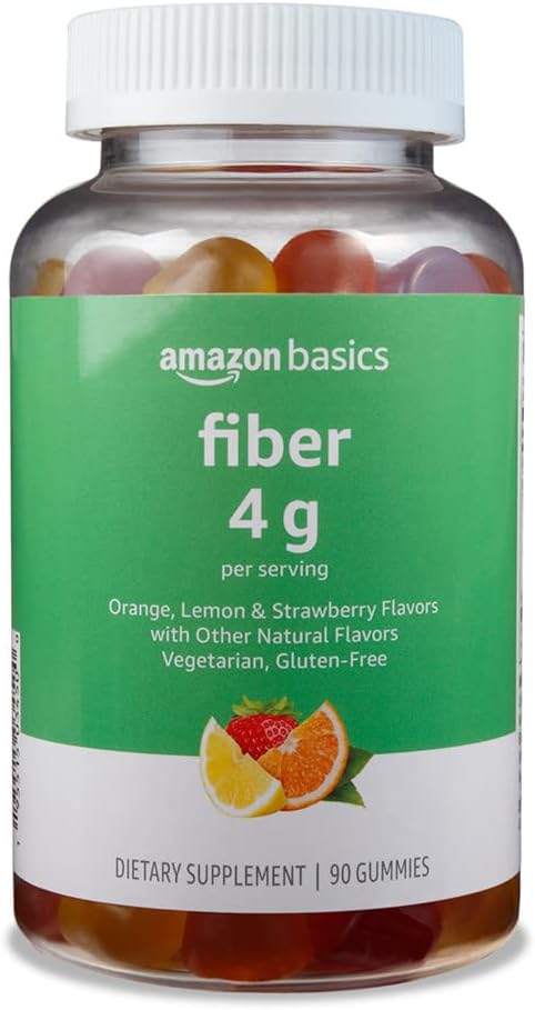 Grundlæggende Fiber Gummies for fordøjelse sundhed og regelmæssighed, Orange, Lemon & Strawberry Flavors, 90 Count, Pack of 1 (Tidligere Solimo)