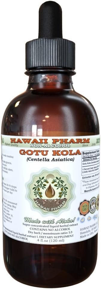 Gotu Kola Alkohol- Free Liquid Extract, Organic Gotu Kola (Centella Asiatica) Tørret Leaf Glycerite Hawaii Pharm Natural Herbal Supplement 4 oz