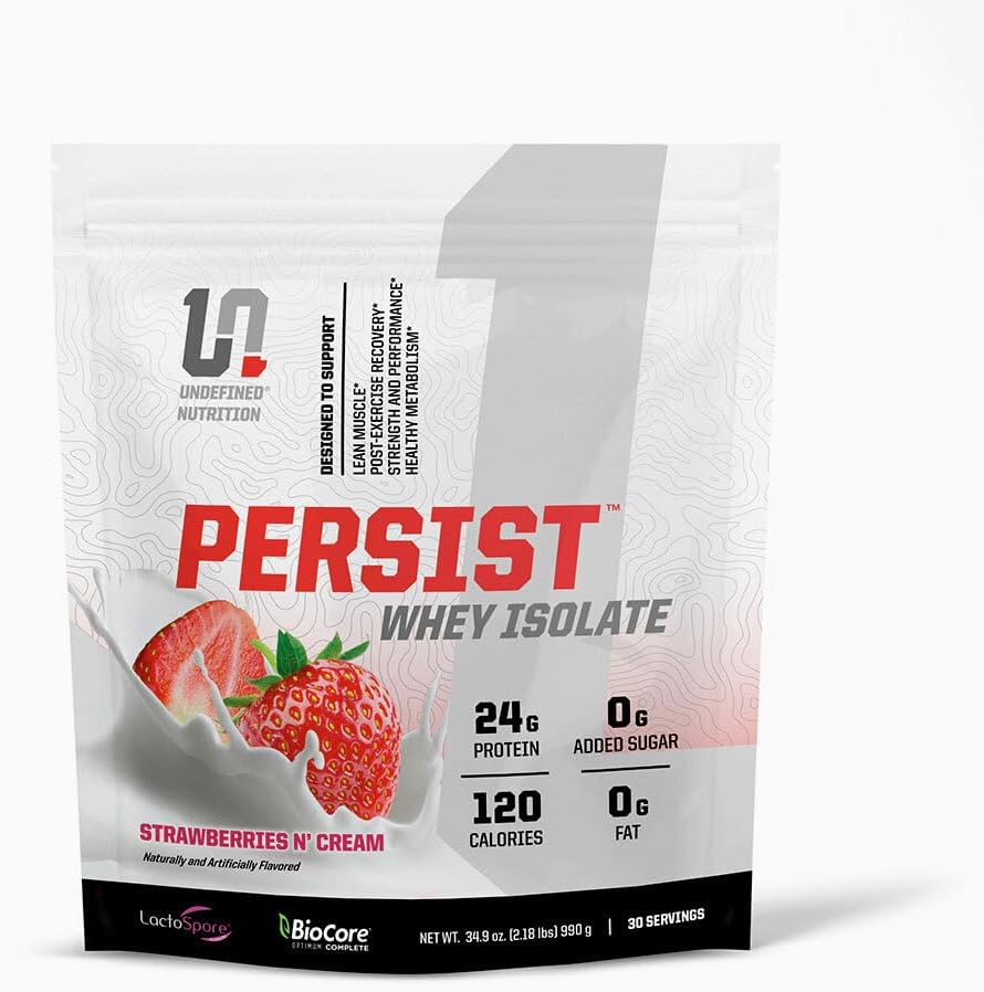 Udefineret ernæring Persist Whey Isolere af Brian Shaw - 24g Protein, 30 Servering - Understøtter inddrivelse, Styrke & ydeevne - Gluten Free, Hurtig Absorbing (2.18lbs, Jordbær N 'Cream)