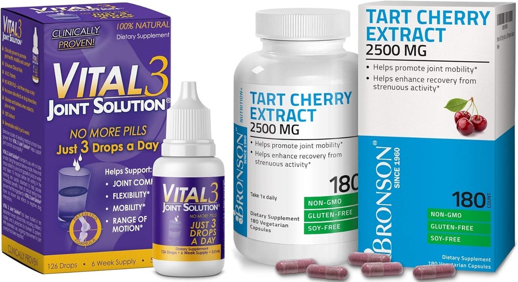 Bronson Vital 3 Joint Solution ® Clinically Proven Liquid Knee Relief Supplement Tart Cherry Extract 2500 mg vegetariske kapsler