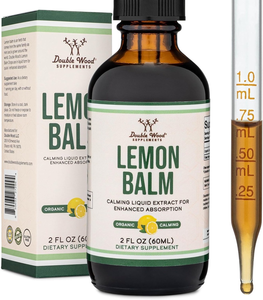 Dobbelt Wood Kosttilskud Økologisk Lemon Balm Tinktur - for fordøjelse og afslapning 590mg - 2FL OZ, 120 Servere (Bedre Absorberet end kapsler, Great for Lemon Balm Tea)