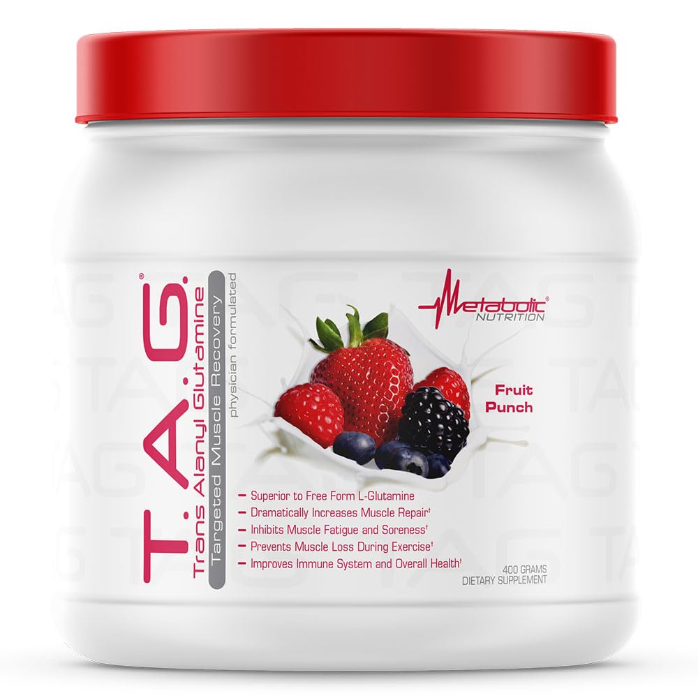 Metabolisk ernæring, TAG, Trans Alanyl Glutamin, 100% L- Glutamin Peptide Powder, Pre Intrapost Workout Supplement, 400 Bedste (40 Servere) (Fruit Punch)