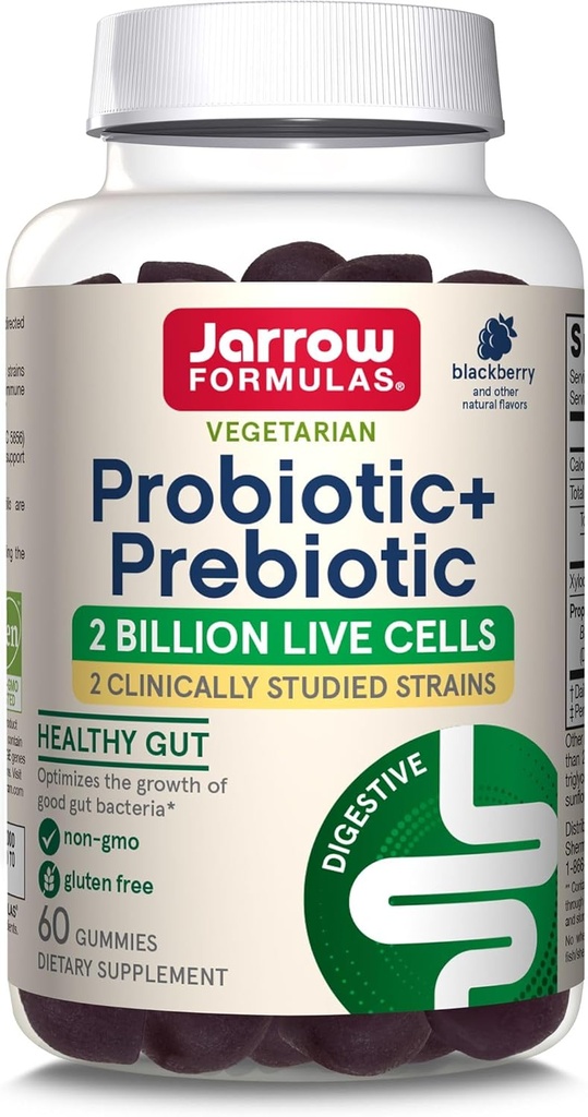 Jarrow Formulas Probiotic + Prebiotic Dietary Supplement, fordøjelsessygdomme, Gut Flora + immunforsvar - 2 milliarder CFU - 2 Klinisk Studiede Strops - 60 gummies - Blackberry Flavor