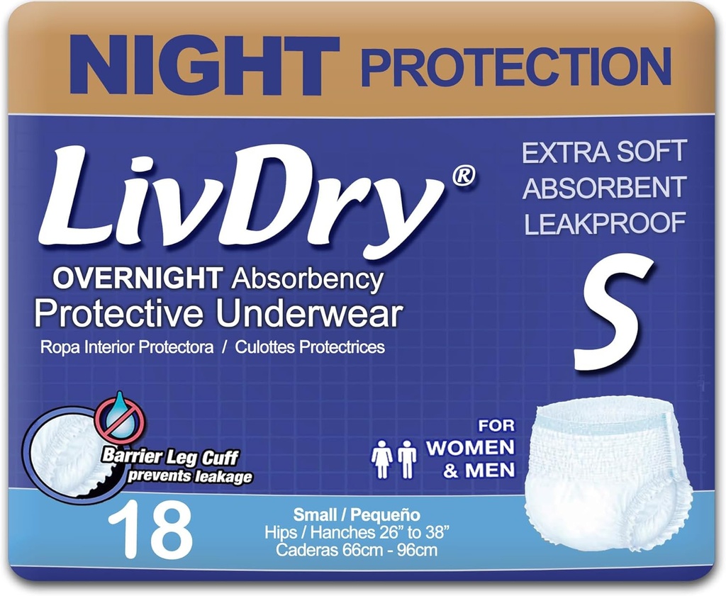 LivDry Voksen S Inkontinens Undertøj, Overnatning Comfort Absorption, Læbe Beskyttelse, Lille, 18- Pack