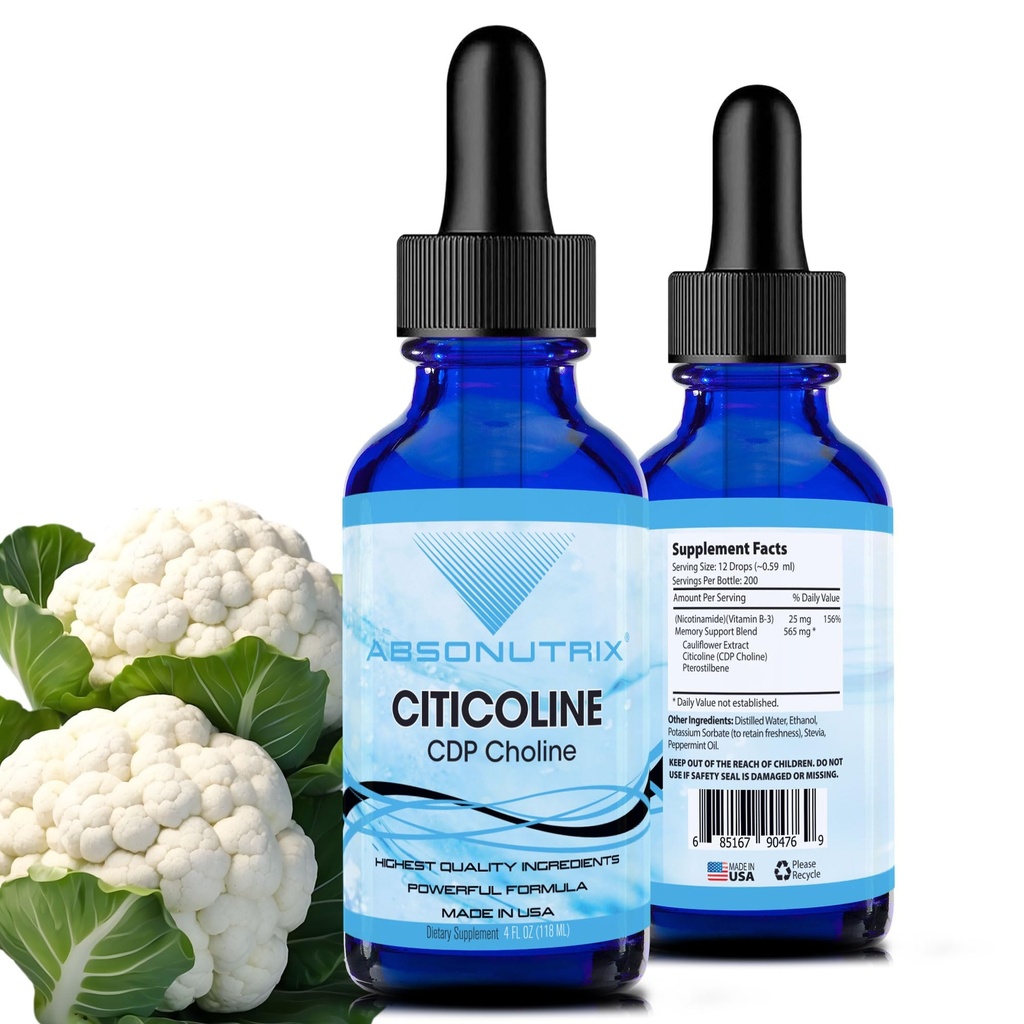 Absonutrix Citicoline 590 mg, 4 Oz Flaske, 200 Servere, Made in USA, Quick Absorption, Kvalitet Potent Ingredienser, Non- GMO, GMP Certificeret, Cruelty- Free Products