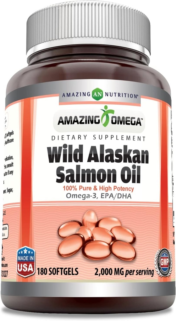 Amazing Omega Wild Alaskan Salmon Oil Supplements 124; 2000 Mg per Serving