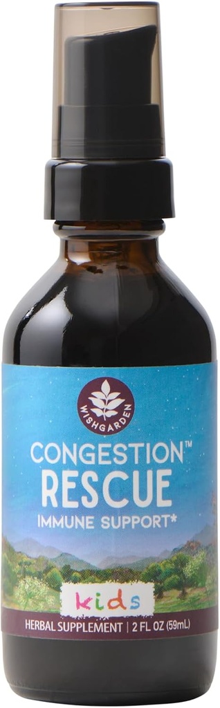 WishGarden Herbs Congestion Rescue immunsupport for børn - Plantbaseret immunsupport og Decongestant w / Elderflower, Wild Cherry Bark & Yerba Santa, Understøtter øvre og nedre luftveje systemer, 2oz
