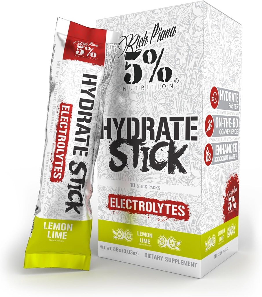 5% Nutrition Hydrate Stick Hydration Packets Name 124; Sport Electrolyte Powder Mix Pakninger med kokos vand (Lemon Lime) (10 Greve)