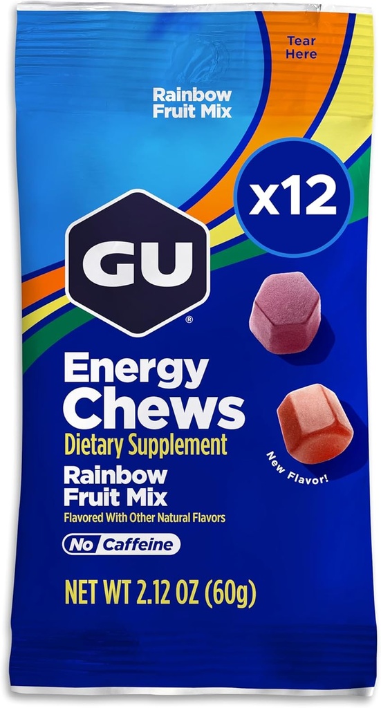 GU Energy Chews, Rainbow Mix Energy Gummies med Electrolytes, Dairy- Free, On- The- Go Energy for enhver træning, 12 poser (24 Servere i alt)