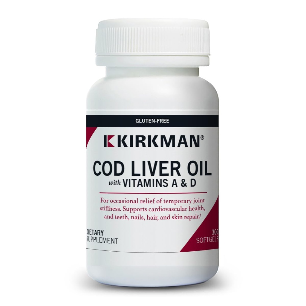 Kirkman - torsk leverolie med vitamin A & D - 300 Softgels - essentielle fedtsyrer - Understøtter grundlæggende sundhed - Hypoallergen