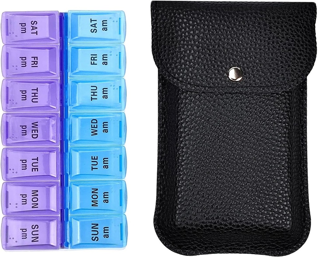 VOFOON Travel Pill Organizer 2 gange om dagen, Stor AM PM Pill Organizer 7 dag, PU Leather Daily Pill Box Case, Ugentlig Pill Medicine Organizer for Vitaminer Medicin Fish Olies Kosttilskud (L størrelse)
