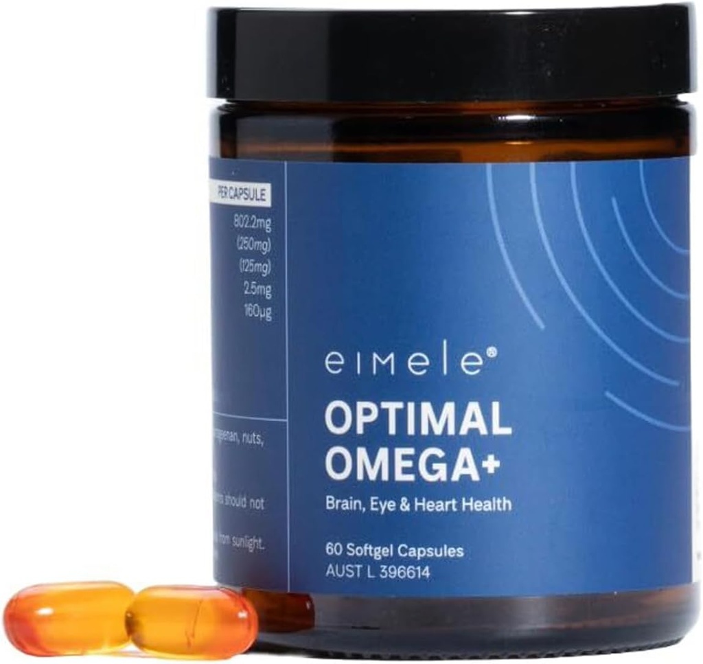 eimele minus 124; Optimal Omega + - 124; Plant- baseret Omega-3 EPA & DHA - 124; Supplement for hjerne, øje - & hjerte - sundhed - 124; Antioxidant Support til kognitiv funktion & Wellbeing - 124; Non- GMO - 124; Vegan - 124; 60 softgel kapsler