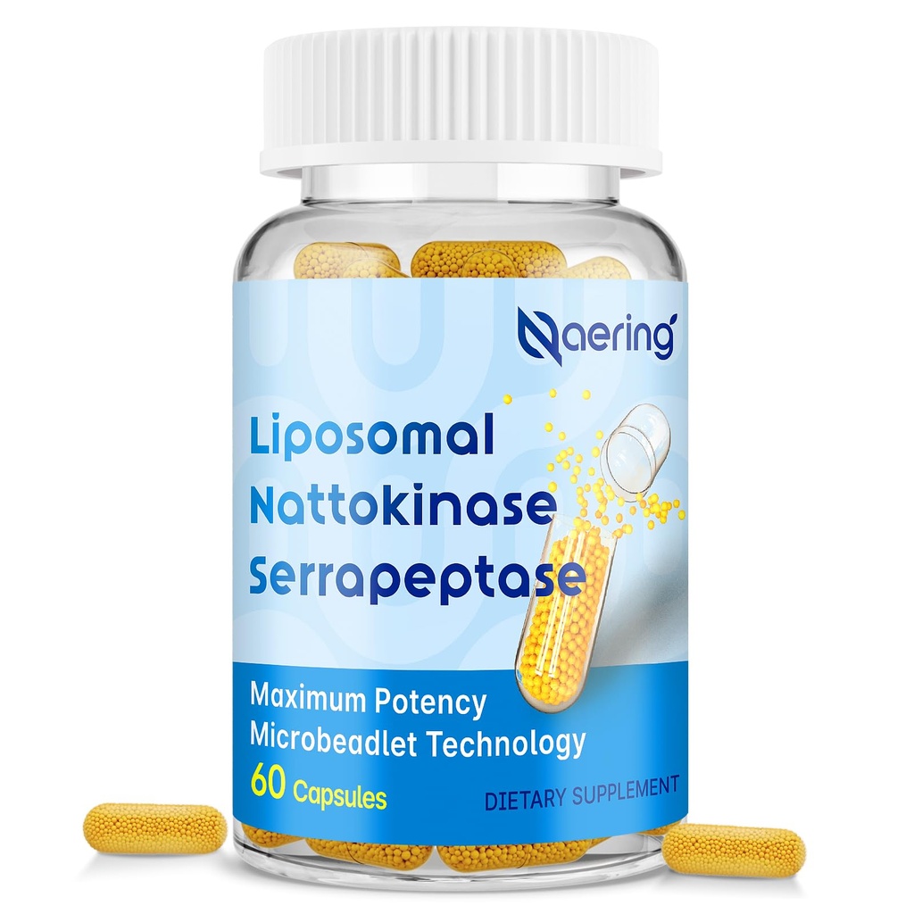 Liposomal Nattokinase 12.000 FU Serrapeptase 360.000 SPU Enzyme Supplement - Beriget med Synergistiske enzymer og næringsstof Blend & Inulin til kredsløb, Gut, fordøjelse 60 kapsler (1 flaske)