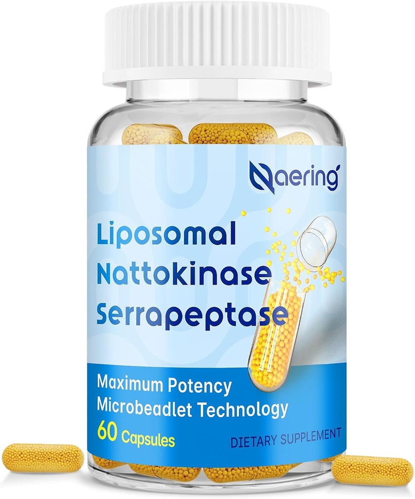 Liposomal Nattokinase 12.000 FU Serrapeptase 360.000 SPU Enzyme Supplement - Beriget med Synergistiske enzymer og næringsstof Blend & Inulin til kredsløb, Gut, fordøjelse 60 kapsler (1 flaske)