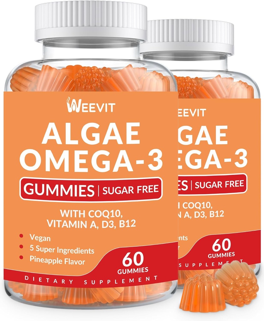 Vegan Omega 3 Gummies, Algae Omega-3 Supplement DHA 240mg, EPA 110mg w / vitamin B12, CoQ10, Fish Oil Alternative for voksne - Brain, Bone, Eye & Immunity Support