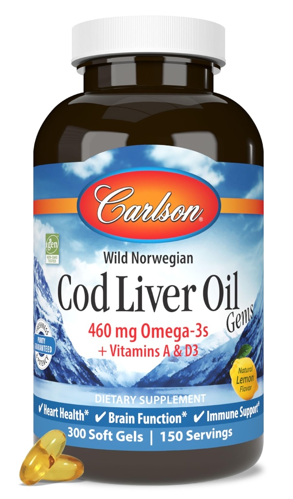 Carlson - Cod Lever Oil, 460 mg Omega- 3s + Vitamin A & D3, Wild- Fanget Norwegian Arctic Cod- Lever Oil, Sustainable Sourced Nordic Fish Oil Capsules, Lemon, 300 Softgels