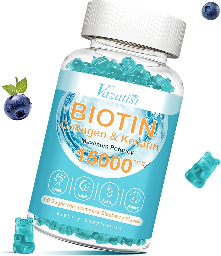 Biotin and Collagen Gummies with B12, Hair Skin and Nails Vitamins Gummies for Hair Growth, Glowing Skin & Strong Nails - Blueberry Flavor, Sugar Free, 60 Ct
