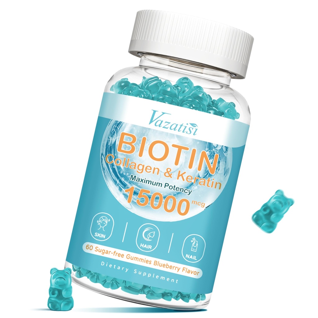 Biotin og collagen gummier med B12, hårhud og negle Vitamin gummier til hårvækst, glødende hud & stærke negle - Blåbær smag, sukkerfri, 60 Ct