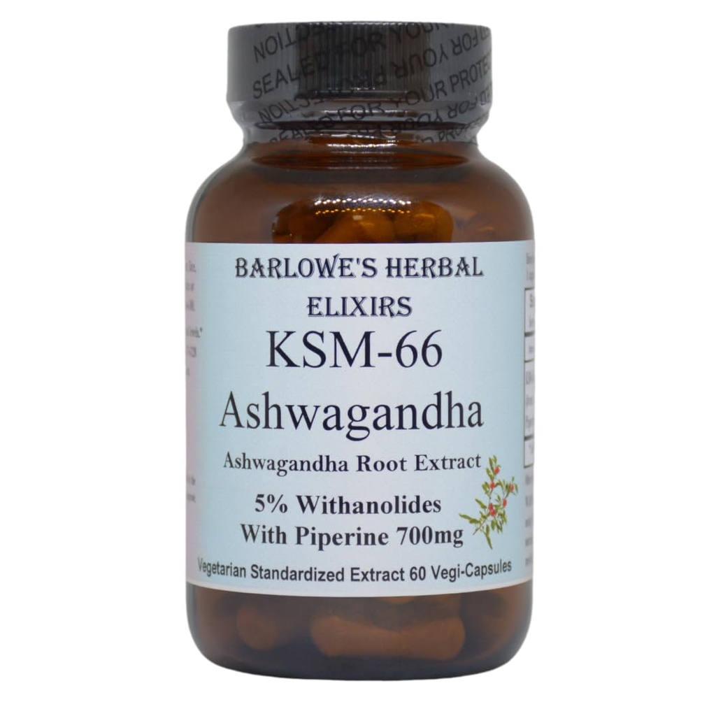 Barlowe 's Herbal Elixirs KSM- 66 Ashwagandha against 124; Ashwagandha Root Extract 124; 5% Withanolides against 124; 700mg per Capsule Shape 124; 60 Veggie Kapsler against 124; Stearate Free Shape 124; Glaskolbe