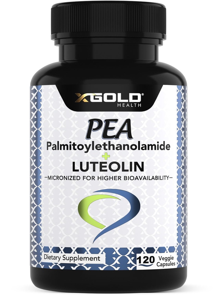 Palmitoylethanolamid 630 mg + Luteolin Standardized 98% - Mikroniseret Pea 99% Meget renset og biotilgængelig - Lavet i USA - Supplement for mænd og kvinder - 120 Veggie kapsler