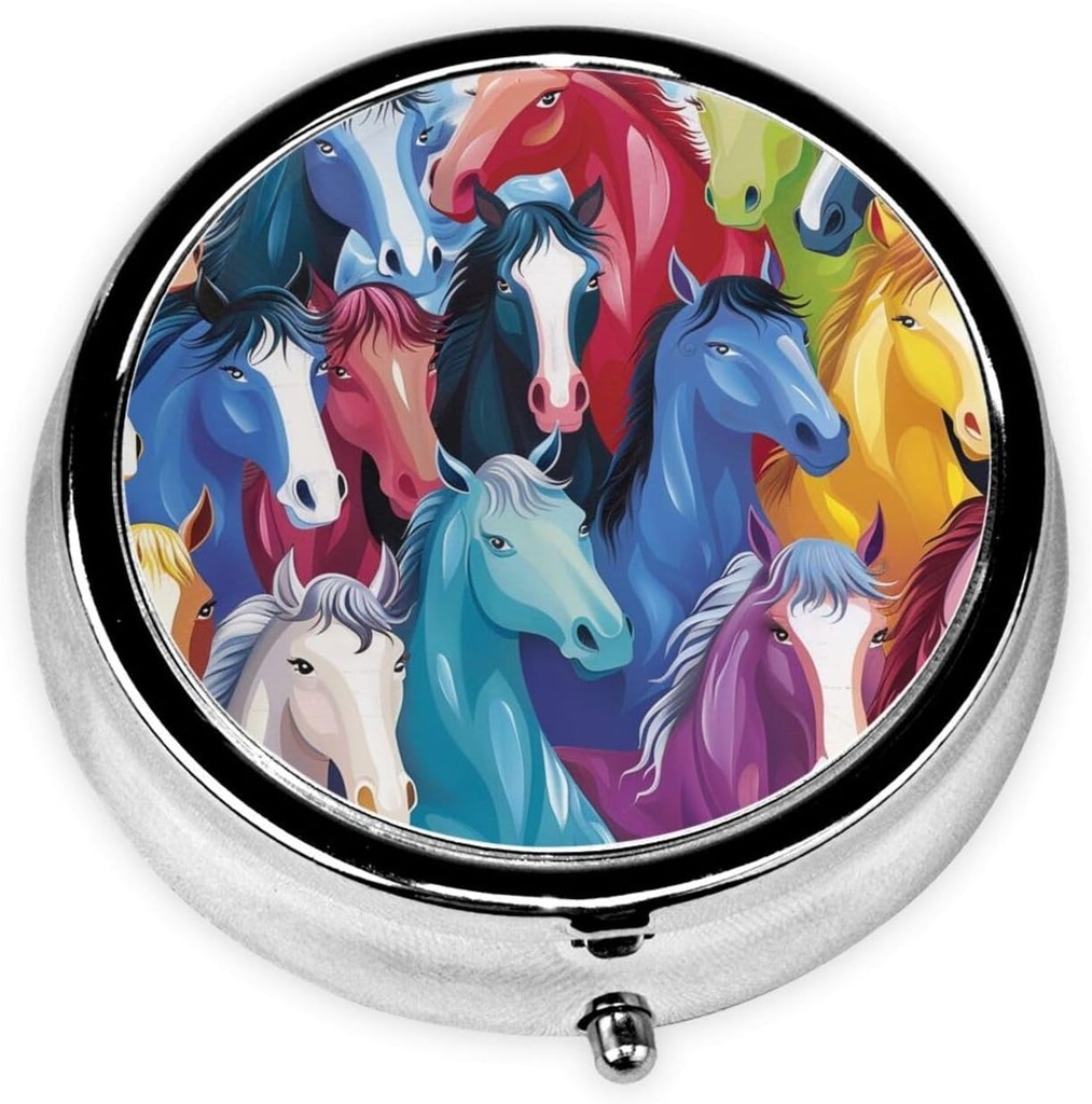 Colorful Cartoon Horses Printed Round Pill Organizer with 3 Compartments, Portable Mini Pill Box Pill Case for Medicine, Vitamin, Fish Oil, Supplements