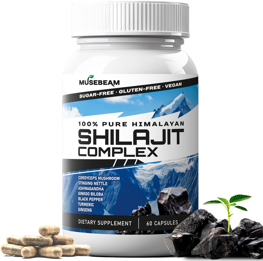 Himalayan Shilajit Capsules Mænd Kvinder - Premium Himalayan Fulvic Acid Supplement Pills - Ashwagandha Turmerisk Ginkgo Biloba Ginseng Cordyceps Mushroom Stinging Nettle Black Pepper