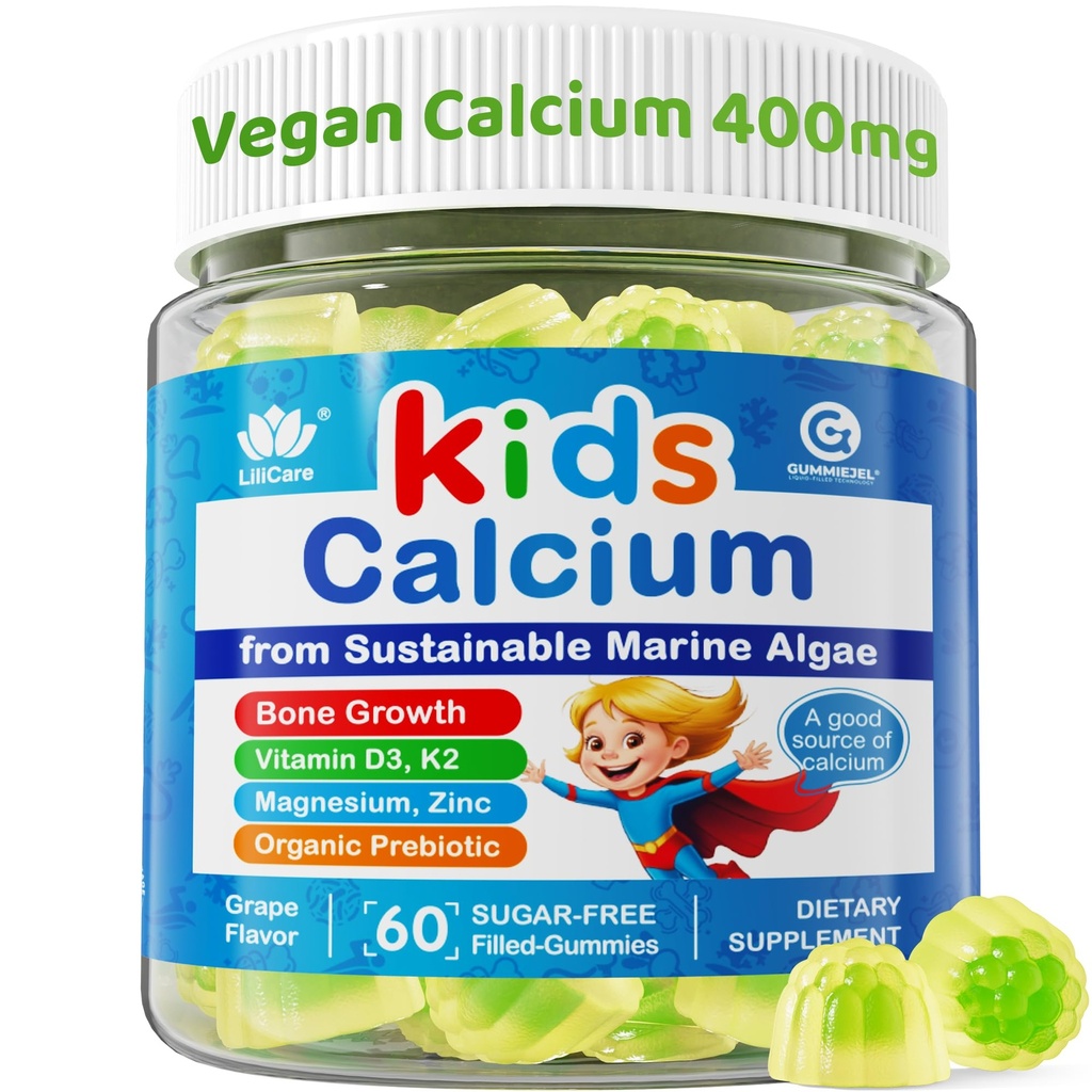 Kids Calcium Gummies + Vitamin D3 K2, Magnesium, Zink, Ekstra Absorption Algae Calcium supplement For børn Glad for Mave, Knogler, Tænder, Muskel, Hjerne, Sukker Free Chewable Kids Vitaminer 4 +, 60 Tæller