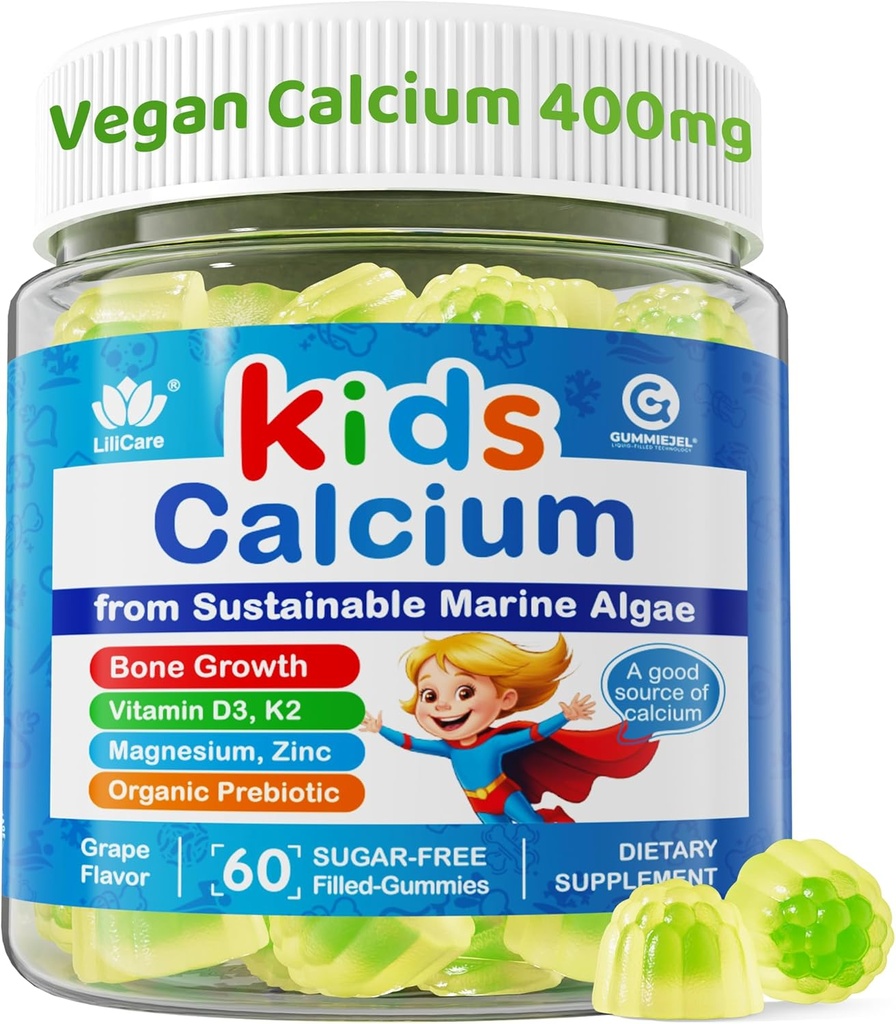 Kids Calcium Gummies + Vitamin D3 K2, Magnesium, Zink, Ekstra Absorption Algae Calcium supplement For børn Glad for Mave, Knogler, Tænder, Muskel, Hjerne, Sukker Free Chewable Kids Vitaminer 4 +, 60 Tæller
