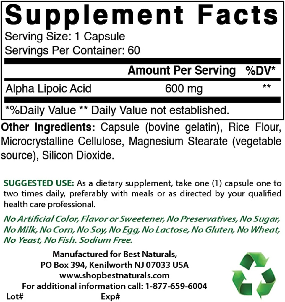 Bedste Naturals Alpha Lipoic Acid 600 mg & Acetyl L- Carnitin 1000mg