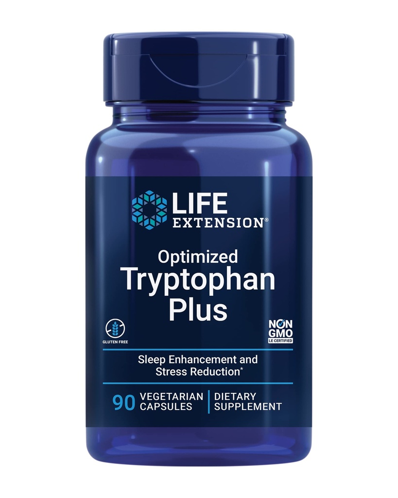 Life Extension Optimized Tryptophan Plus 1000mg - L- Tryptophan tillæg med Niacin og L- Lysin for sund søvn & stress Response - Gluten- Free, Non- GMO, Vegetar - 90 Kapsler