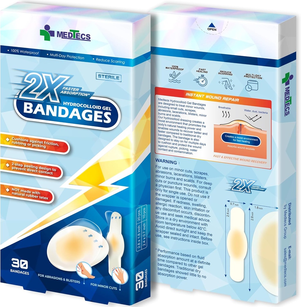 Medtecs Hydrocolloid Gel Bandage, Ellipse 20ct + Strip 10ct, Long-Lasting,Waterproof Adhesive for First Aid,Advanced Cushion for Blister Prevention & Wound Care,2X Fast Healing for Heel,Fingers & Toes