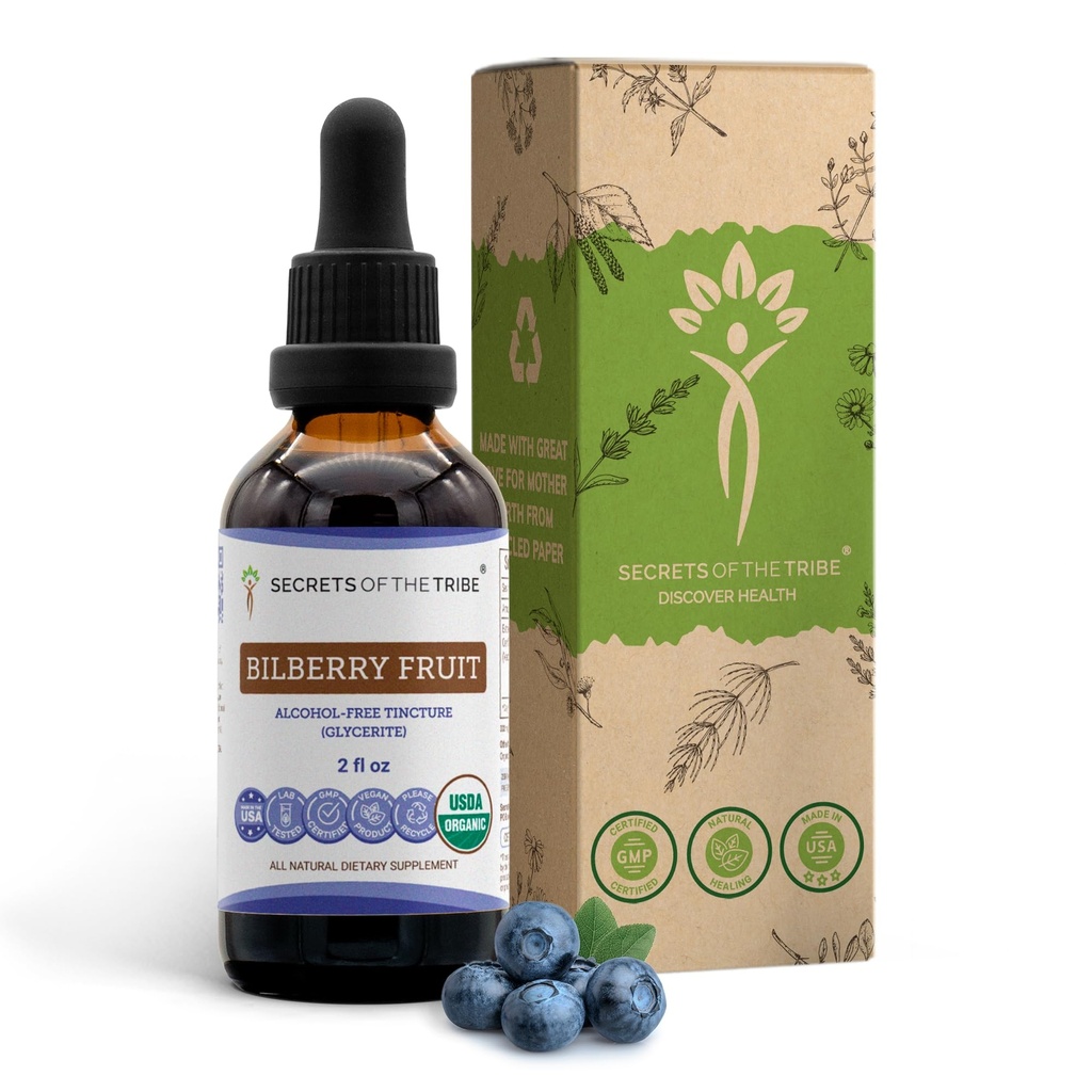 Secrets of the Tribe Bilberry Fruit USDA Organic Mezzogiorno 124; Alcohol- Free Extract, High- Potency Herbal Drops, Vision Mezzogiorno 124; Lavet af 100% Certificeret Organic Bilberry (Vaccinium Myrtillus) Tørret frugt 2 oz