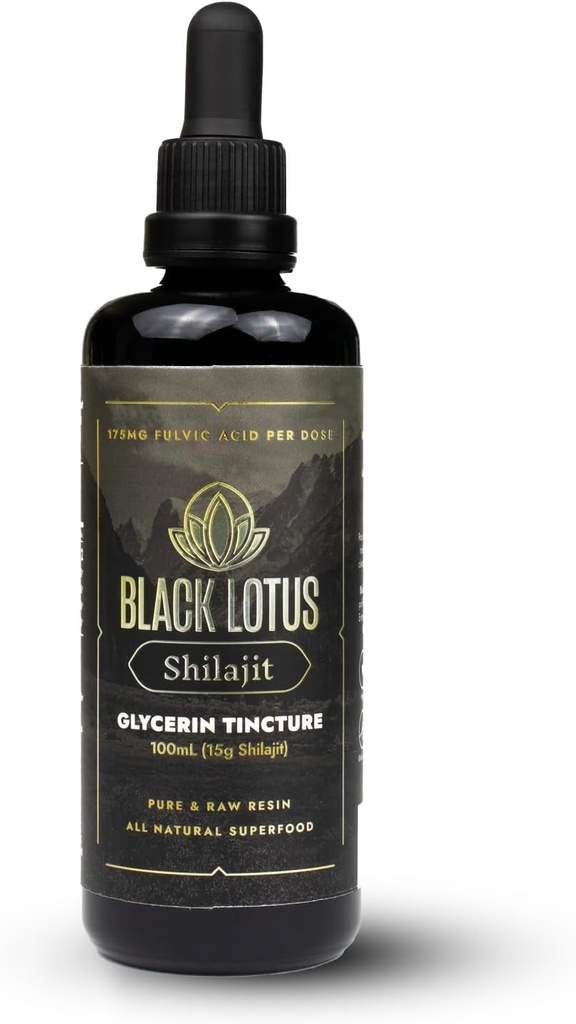 Black Lotus Pure Shilajit Resin Liquid Tinktur, 100ml, 100% Pure Natural Shilajit for Mænd & Kvinder med Aminosyrer, 175mg Fulvic Acid, 85 Ionic Trace Minerals, for immunforsvar, fokus, energi