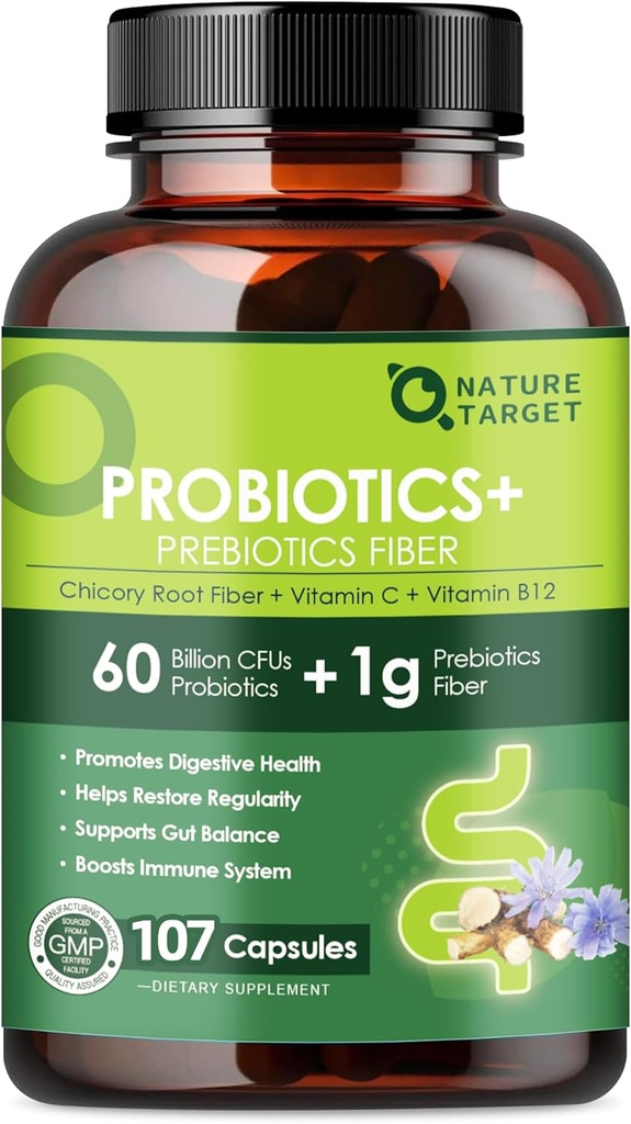 Probiotika til kvinder fordøjelsessygdomme med Prebiotic Fiber - Fiber Supplement med 60 Millioner Probiotika til regelmæssighed & Gut Cleanse - Understøtter lejlighedsvis obstipation - 107 Veggie kapsler