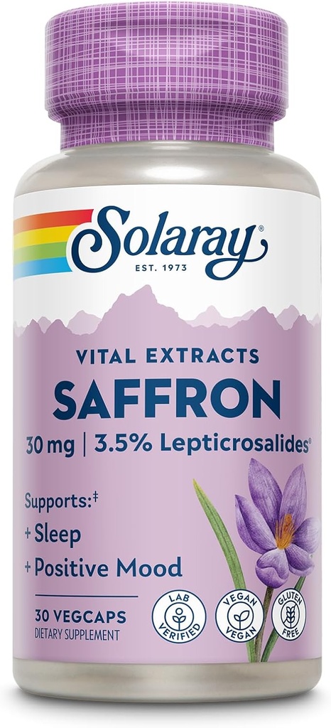 SOLARAY Saffron Extract - Sove og positiv mood Support - Vegan og Gluten Free Saffron Kosttilskud - Lab Verified - 60-Day Garanti - 30 Servere, 30 VegCaps