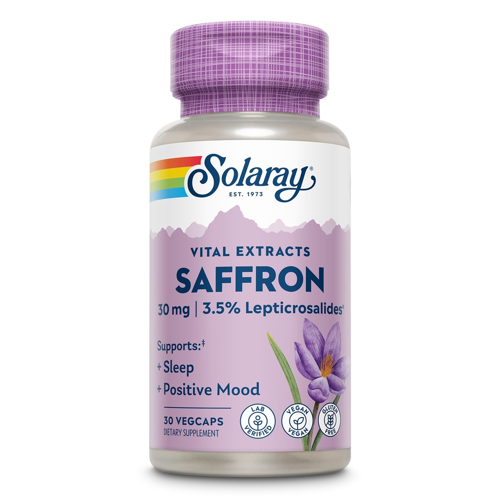 SOLARAY Saffron Extract - Sove og positiv mood Support - Vegan og Gluten Free Saffron Kosttilskud - Lab Verified - 60-Day Garanti - 30 Servere, 30 VegCaps