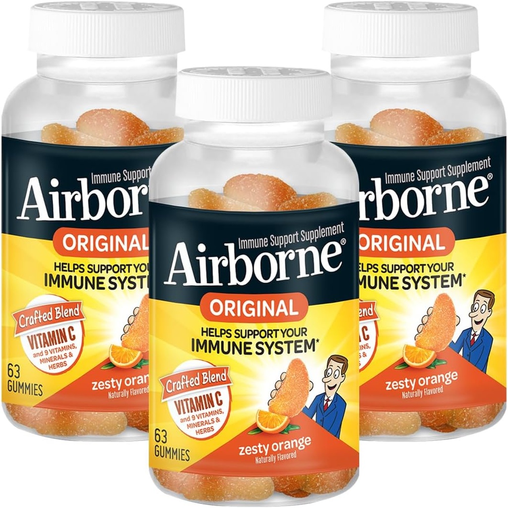 Airborne 750mg C-vitamin immuntilskud Gummies for voksne, Zeress Orange Flavor, Gluten Free Crafted Blend med stærke antioxidanter Vitaminer A C & E, 63 Gummies (3 Pack)