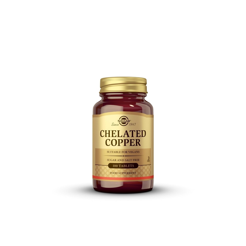 Solgar Chelated Copper, 100 tabletter - Essential for Collagen Formation - Meget biotilgængelig Form - Understøtter Connective Tissue - Non-GMO, Vegan, Gluten Free, Dairy Free, Kosher - 100 Servere