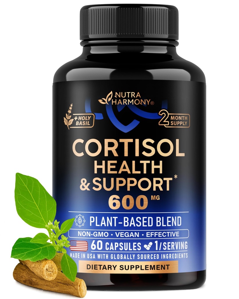 Cortisol supplement til kvinder - Holy Basilikum - 124; Ashwagandha - 124; Rhodiola - 124; L- Theanine - Plantbased Hormone Balance - Mood, Focus & Sleep Support - Made in USA - Vegan, Non- GMO - 60 kapsler til 2 måneder