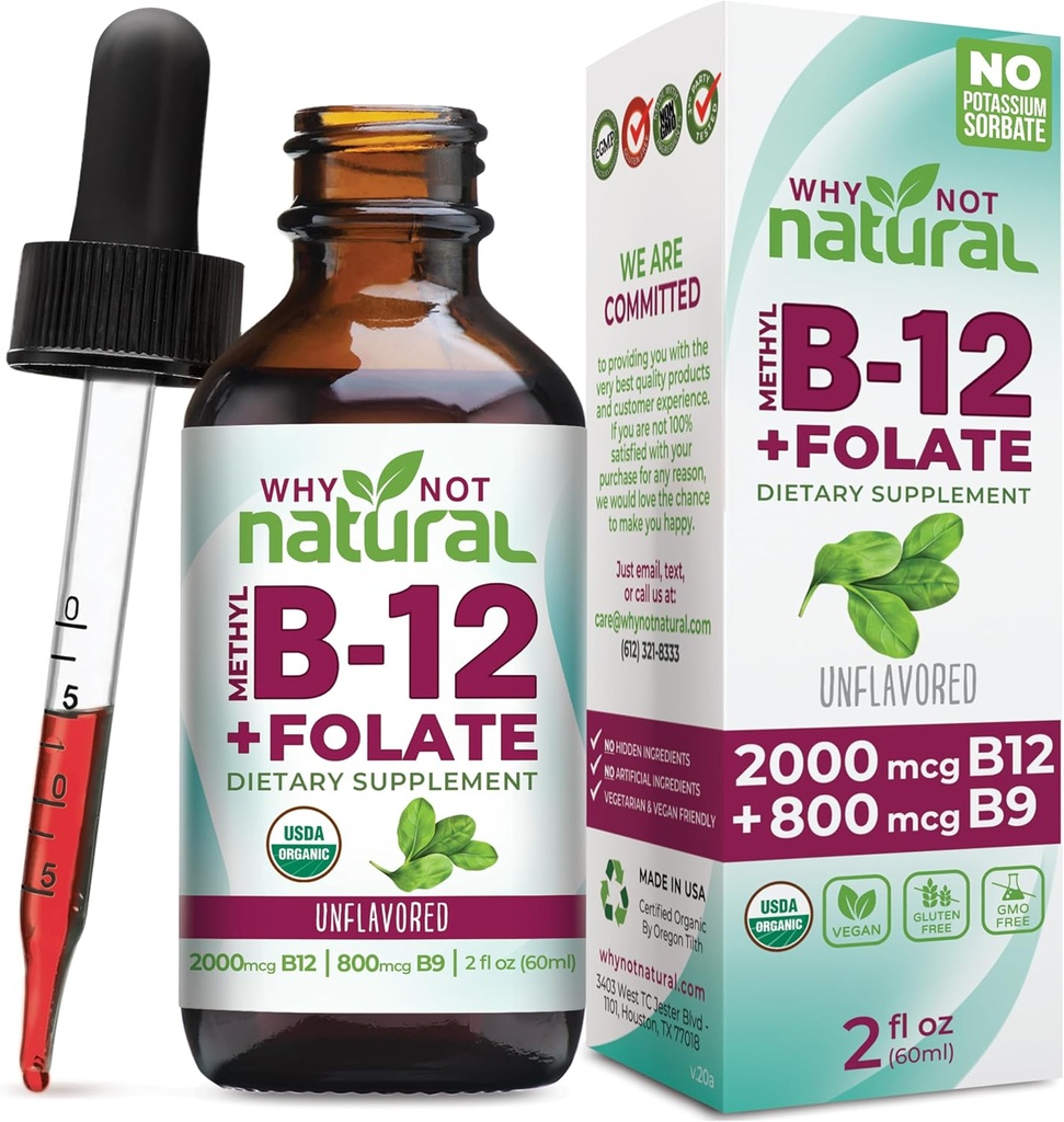 Hvorfor ikke naturlige vitamin B12 Liquid Plus Folate - Organic Sublingual Extra Strength Vegan Drops - methyltillæg med folinsyre