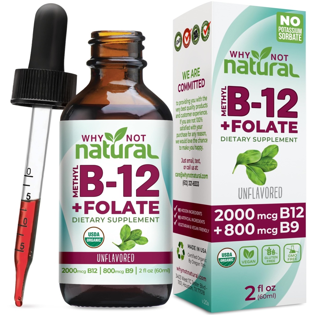 Hvorfor ikke naturlige vitamin B12 Liquid Plus Folate - Organic Sublingual Extra Strength Vegan Drops - methyltillæg med folinsyre
