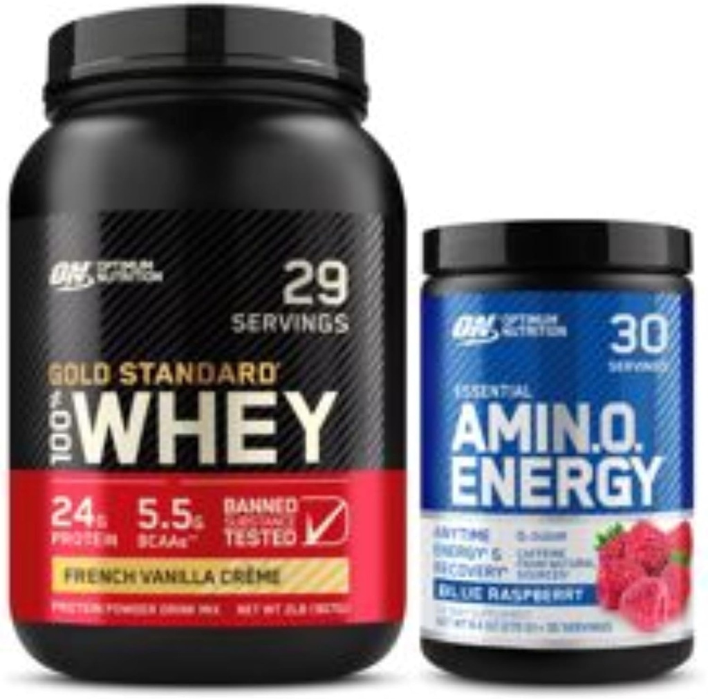 Optimum Nutrition Dynamisk Duo Bundle: Amino Energy, Blå Hindbær (30 Servere) og Gold Standard 100% Whey Protein Powder, Fransk Vanilla Creme (29 Servere)