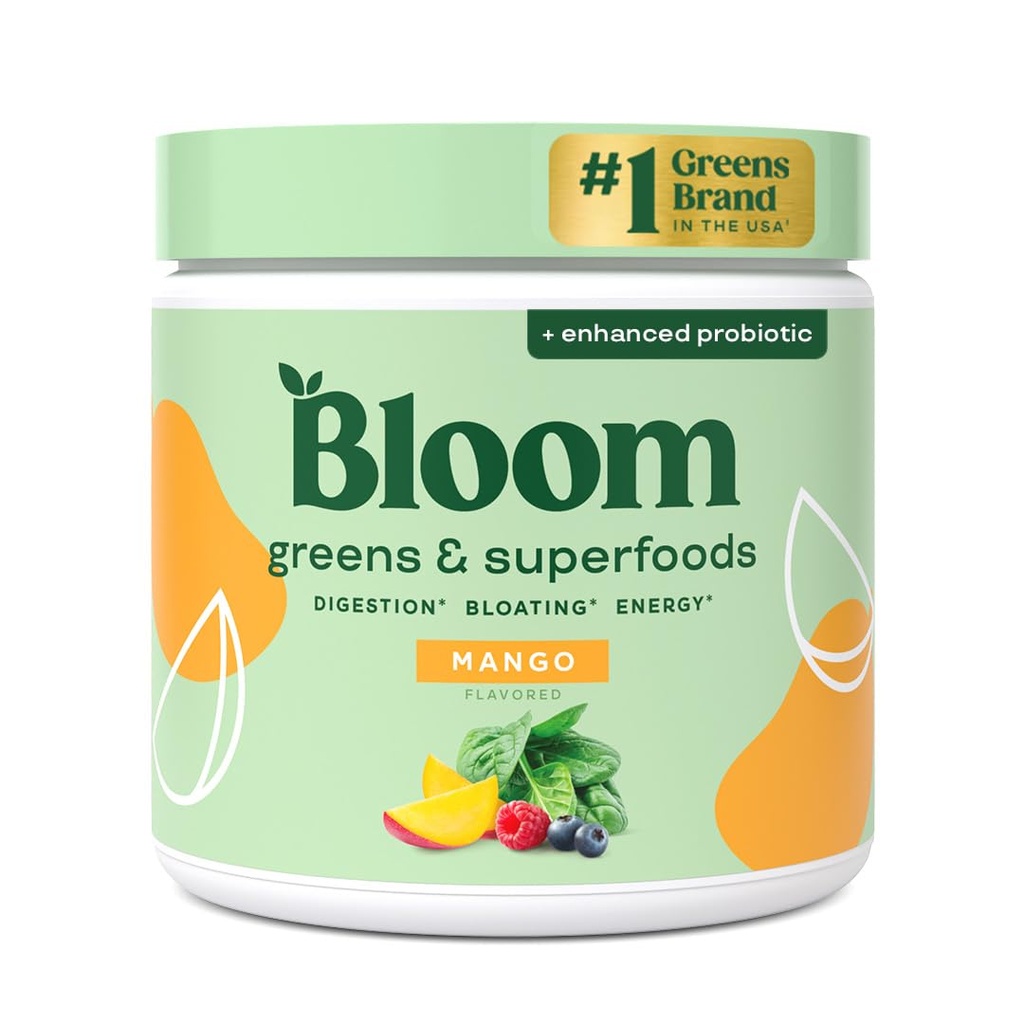 Bloom Nutrition Superfood Green Powder, fordøjelsesenzymer med Probiotika og Prebiotika, Gut Health, Bloating Relief for Women, Chlorella, Green Juice Mix med Beet Root Powder, 30 SVG, Mango