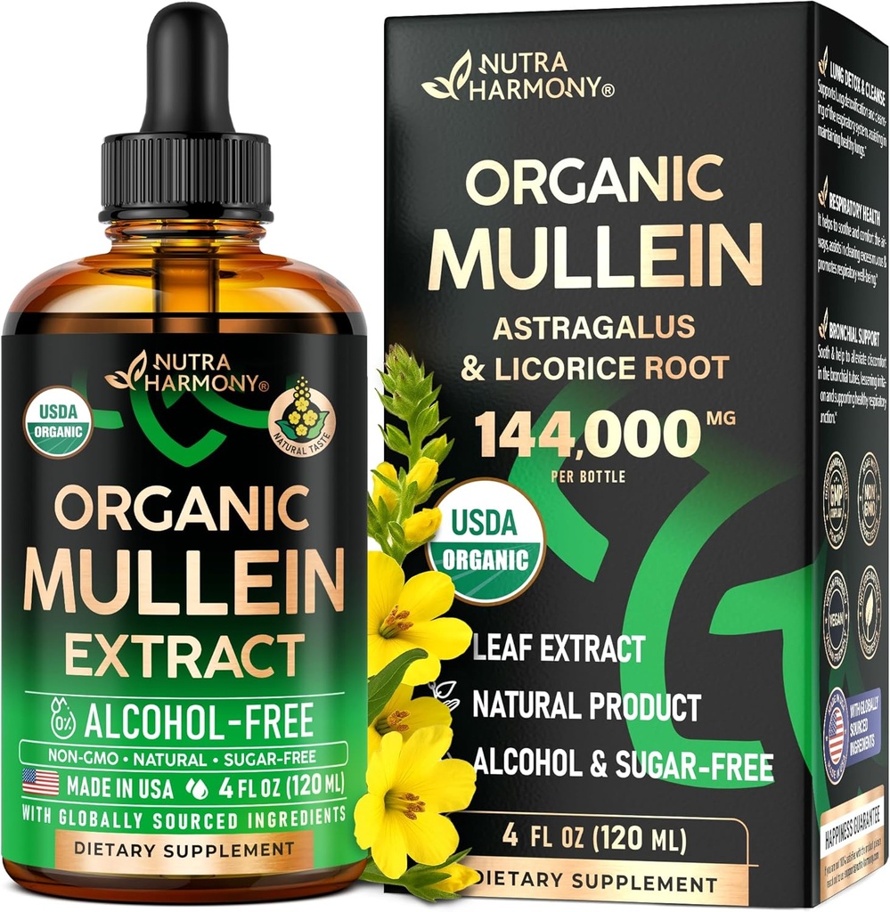 Mullein Drops til Lungs - USDA Organic Liquid - Mullein Leaf Extract Supplement - Lavet i USA - Lung & Bronchial Rensning til rygere - Respiratory Health Support - Som tinktur, te, piller - 4 fl oz