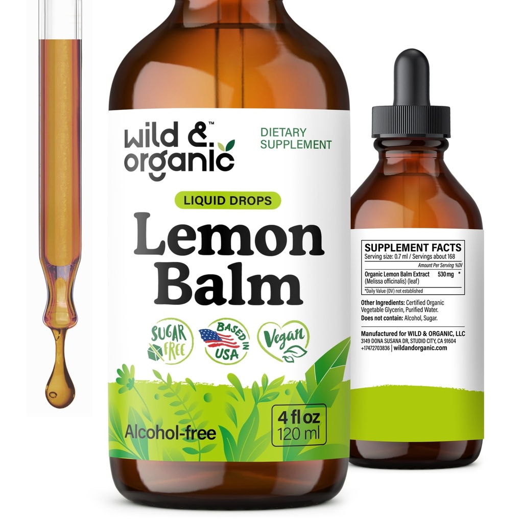 Wild & Organic Lemon Balm Tinktur - Mood Support - Melissa Lemon Balm Leaf Extract Drops - Vegan, Sukker & Alkohol- Free Calming Supplement - 4 fl oz
