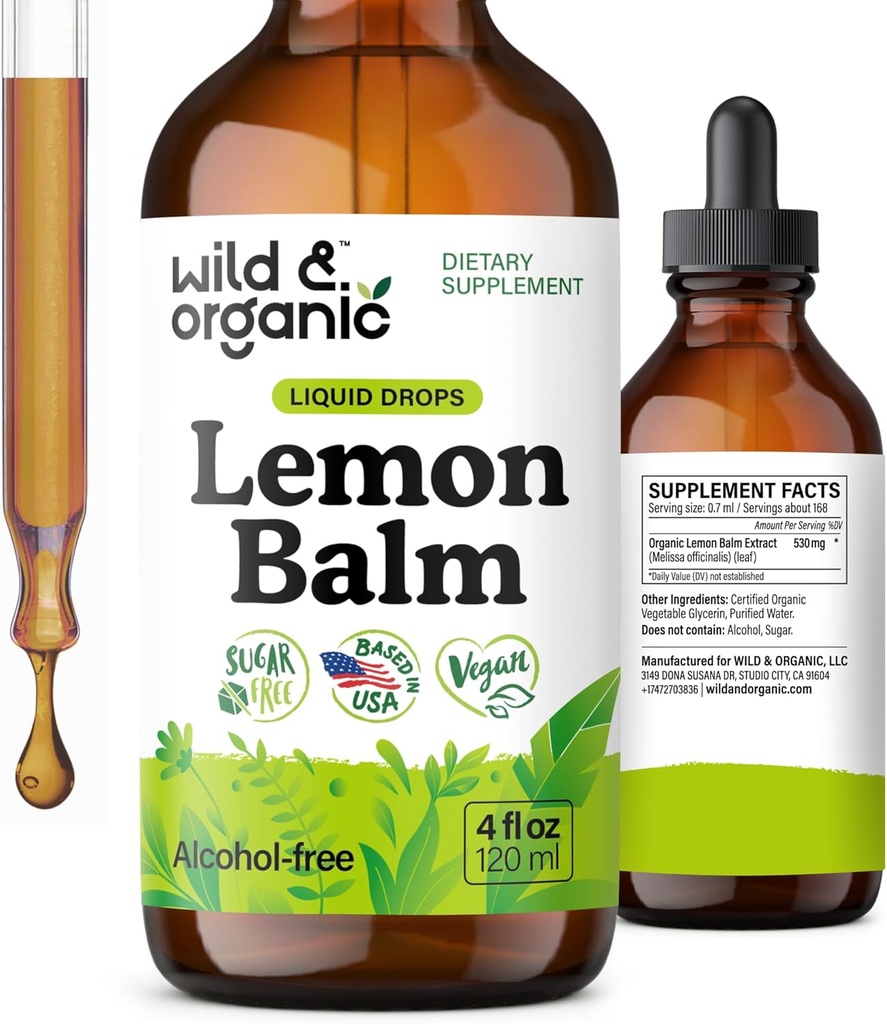 Wild & Organic Lemon Balm Tinktur - Mood Support - Melissa Lemon Balm Leaf Extract Drops - Vegan, Sukker & Alkohol- Free Calming Supplement - 4 fl oz
