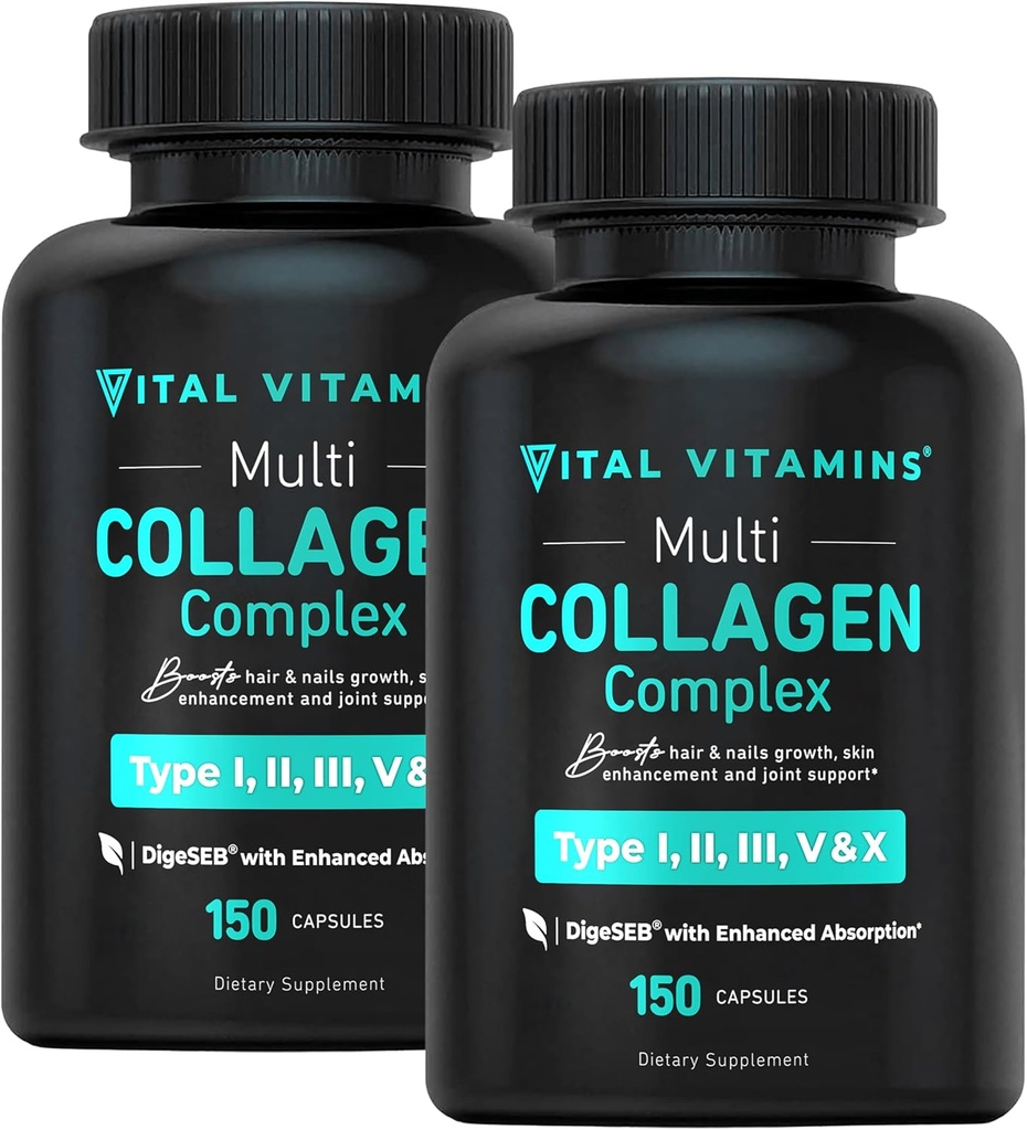 Vital Vitaminer Multi Collagen Pills til kvinder og mænd (2-Pack) - Hydrolyzed Collagen Peptider - type I, II, III, V, X - Græsfoder, non-GMO