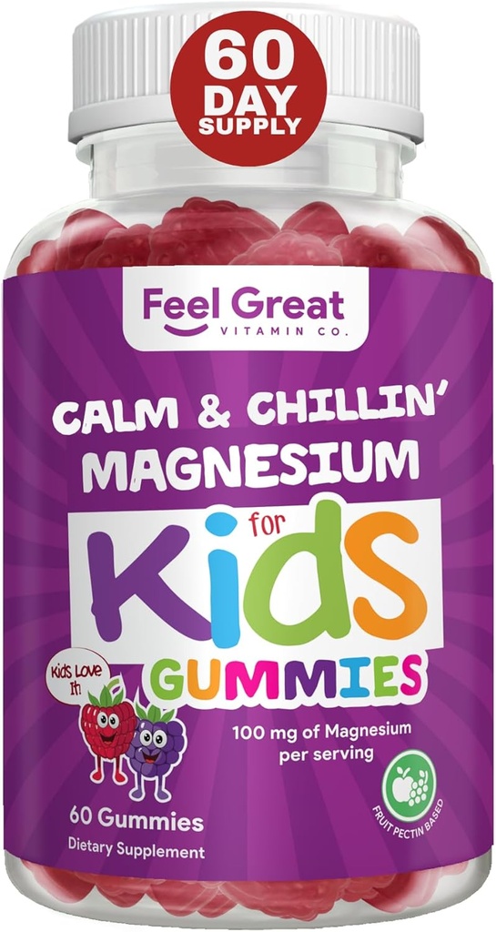 Feel Great Kids Rolig Magnesium Gummies - Magnesium supplement til børn - Magnesium Citrate Gummies - 60 Tæl