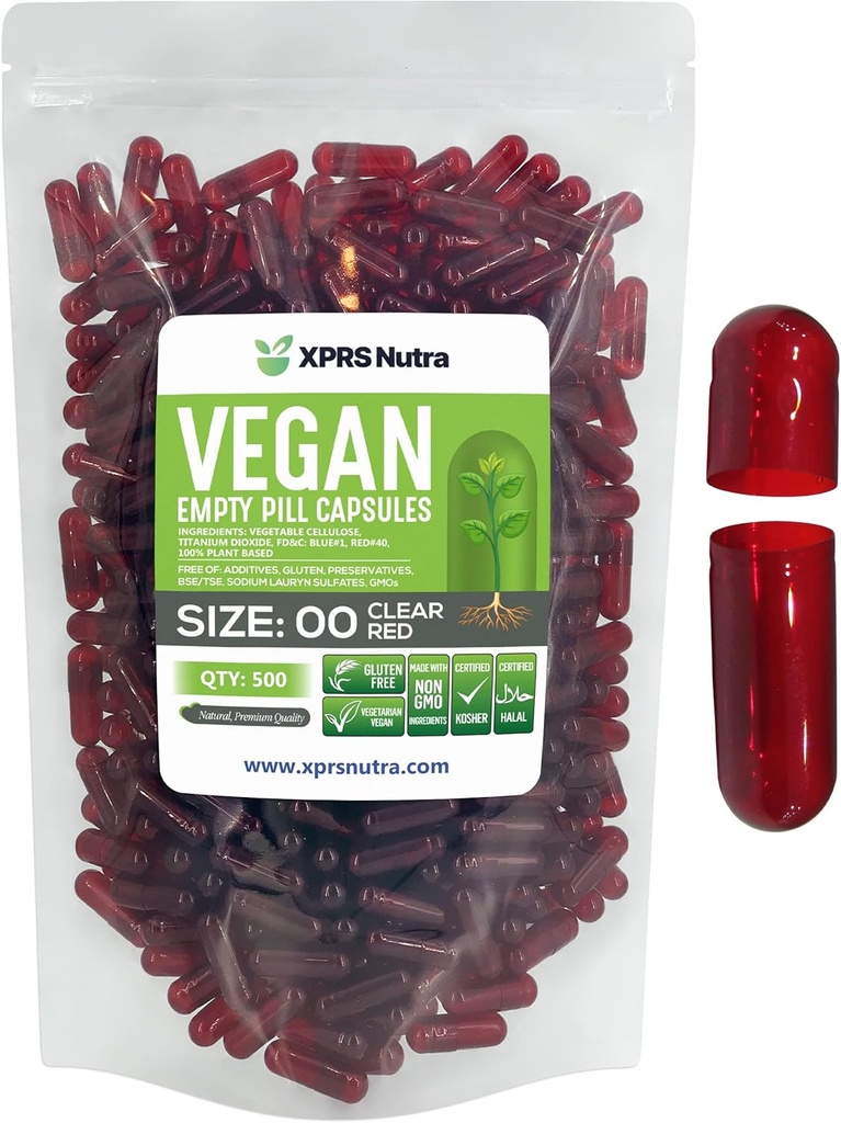 XPRS Nutra Størrelse 00 Tomme kapsler - 500 Grev Tomme Veganske kapsler - Vegetariske Tomme piller - Du Vegetabilske Kapsler Filling- Veggie Pill Caps (Clear Red)