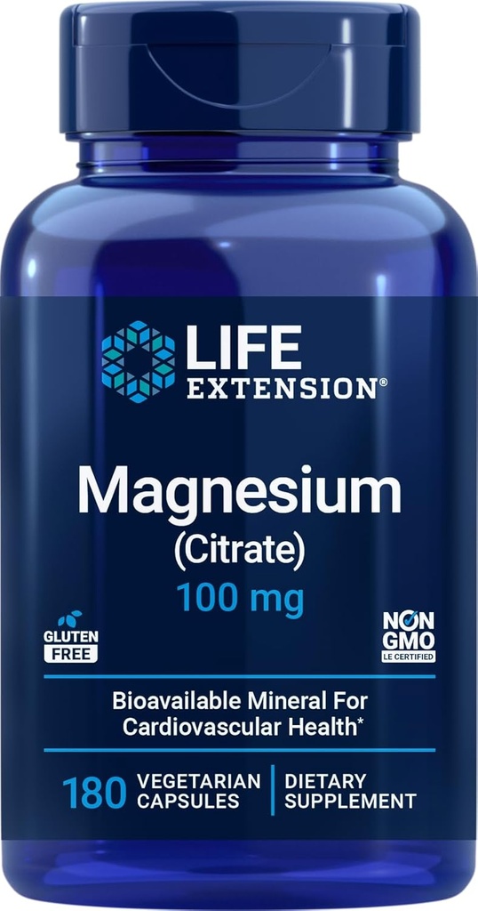 Life Extension Magnesium Citrate 100mg, 180 Veg Caps - Natural Mag Supplement - 100 mg Mineral Support Kapsler - Vegan, Vegetar, Non- GMO